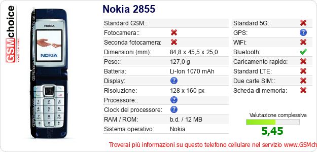 Nokia 2855 Dati tecnici di telefono cellulare Nokia 2855 Dati tecnici di telefono cellulare