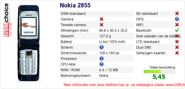 Nokia 2855 Technische gegevens Nokia 2855 Technische gegevens