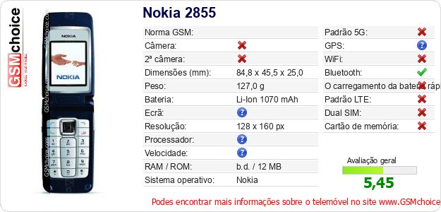 Nokia 2855 Especificações técnicas do telemóvel Nokia 2855 Especificações técnicas do telemóvel