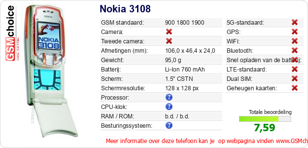 Nokia 3108 Technische gegevens 