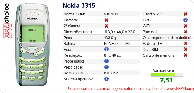 Nokia 3315 Especificações técnicas do telemóvel 