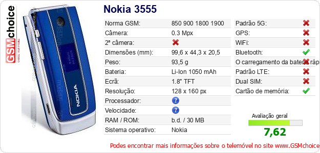 Nokia 3555 Especificações técnicas do telemóvel 