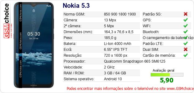 Nokia 5.3 Especificações técnicas do telemóvel Nokia 5.3 Especificações técnicas do telemóvel
