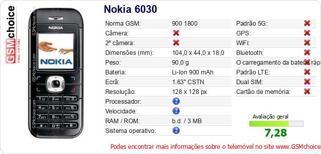 Nokia 6030 Especificações técnicas do telemóvel Nokia 6030 Especificações técnicas do telemóvel
