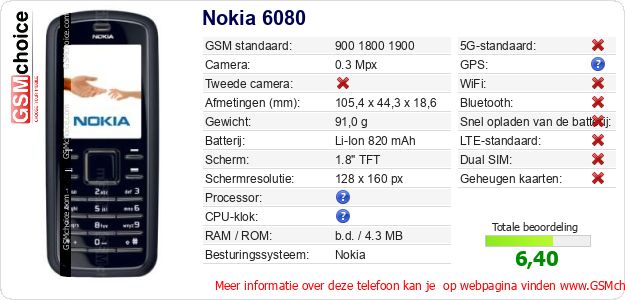 Nokia 6080 Technische gegevens Nokia 6080 Technische gegevens