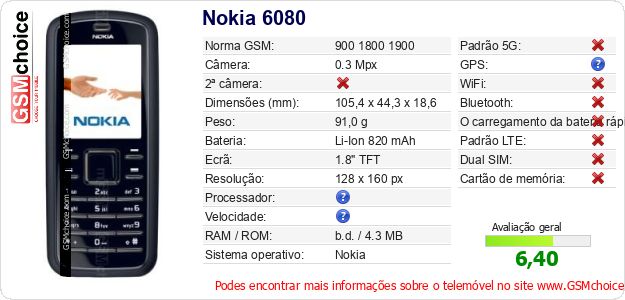 Nokia 6080 Especificações técnicas do telemóvel Nokia 6080 Especificações técnicas do telemóvel