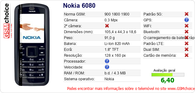 Nokia 6080 Especificações técnicas do telemóvel 