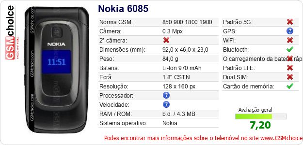 Nokia 6085 Especificações técnicas do telemóvel Nokia 6085 Especificações técnicas do telemóvel