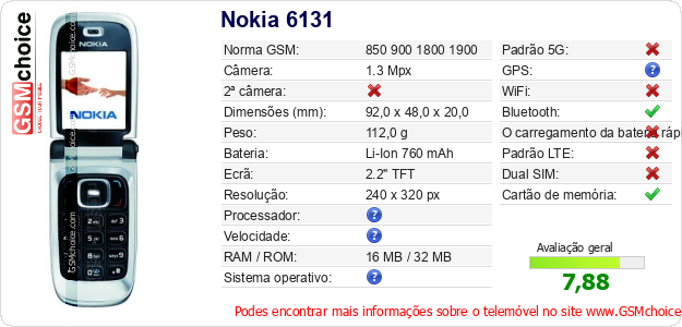 Nokia 6131 Especificações técnicas do telemóvel Nokia 6131 Especificações técnicas do telemóvel