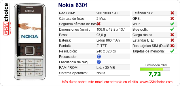 Nokia 6301 Datos técnicos del móvil 