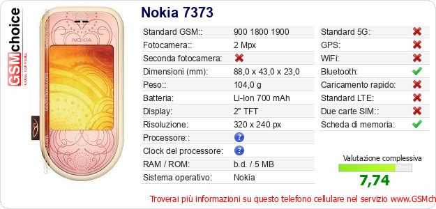 Nokia 7373 Dati tecnici di telefono cellulare Nokia 7373 Dati tecnici di telefono cellulare