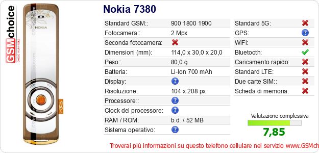 Nokia 7380 Dati tecnici di telefono cellulare Nokia 7380 Dati tecnici di telefono cellulare