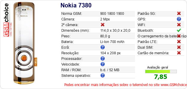 Nokia 7380 Especificações técnicas do telemóvel 