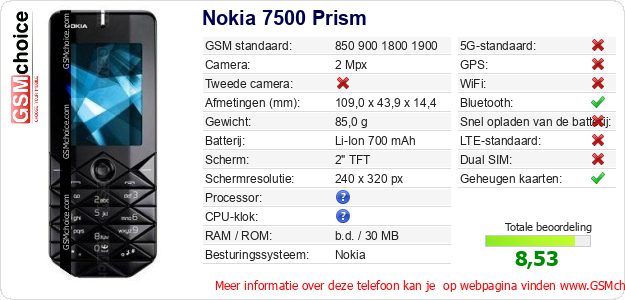 Nokia 7500 Prism Technische gegevens  Nokia 7500 Prism Technische gegevens