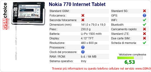 Nokia 770 Internet Tablet Dati tecnici di telefono cellulare 
