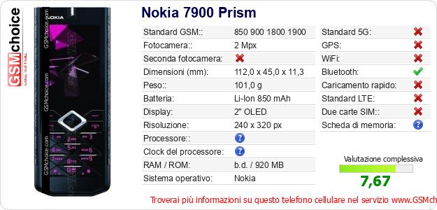 Nokia 7900 Prism Dati tecnici di telefono cellulare Nokia 7900 Prism Dati tecnici di telefono cellulare