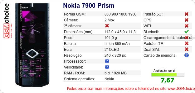 Nokia 7900 Prism Especificações técnicas do telemóvel Nokia 7900 Prism Especificações técnicas do telemóvel