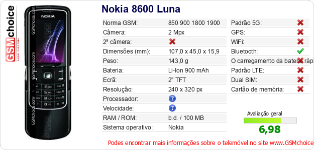 Nokia 8600 Luna Especificações técnicas do telemóvel Nokia 8600 Luna Especificações técnicas do telemóvel