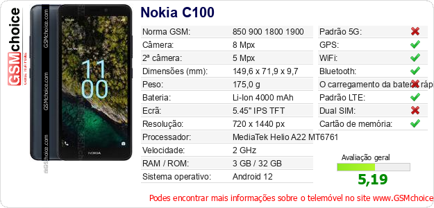 Nokia C100 Especificações técnicas do telemóvel Nokia C100 Especificações técnicas do telemóvel