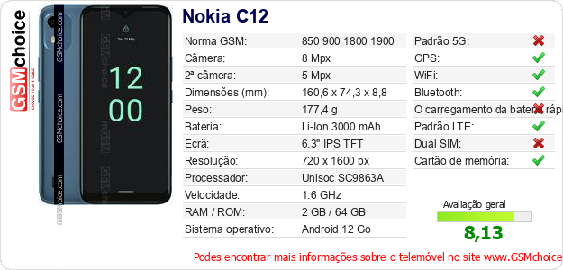 Nokia C12 Especificações técnicas do telemóvel Nokia C12 Especificações técnicas do telemóvel