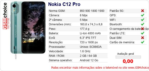 Nokia C12 Pro Especificações técnicas do telemóvel Nokia C12 Pro Especificações técnicas do telemóvel