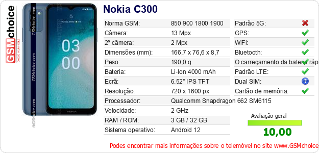 Nokia C300 Especificações técnicas do telemóvel 