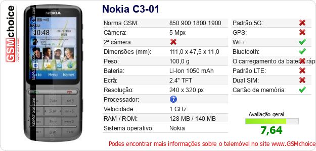 Nokia C3-01 Especificações técnicas do telemóvel Nokia C3-01 Especificações técnicas do telemóvel