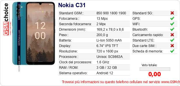 Nokia C31 Dati tecnici di telefono cellulare 