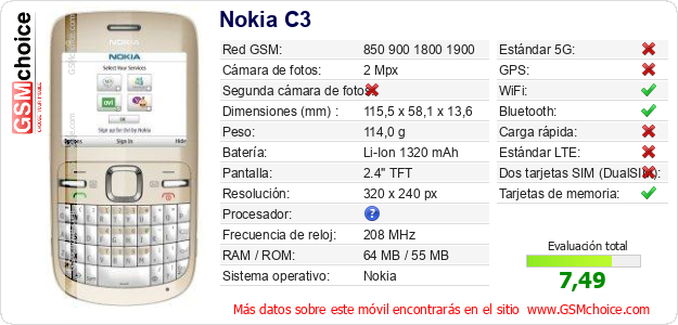 Nokia C3 Datos técnicos del móvil 