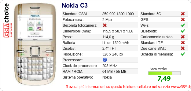 Nokia C3 Dati tecnici di telefono cellulare Nokia C3 Dati tecnici di telefono cellulare