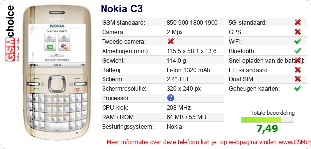 Nokia C3 Technische gegevens 