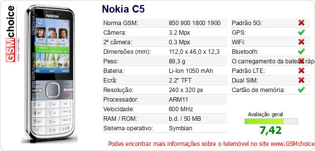 Nokia C5 Especificações técnicas do telemóvel 
