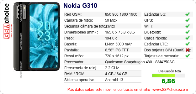 Nokia G310 Datos técnicos del móvil 