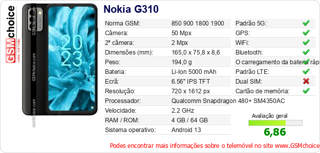 Nokia G310 Especificações técnicas do telemóvel 
