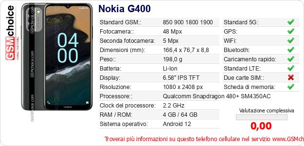 Nokia G400 Dati tecnici di telefono cellulare Nokia G400 Dati tecnici di telefono cellulare