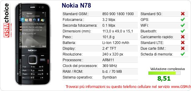 Nokia N78 Dati tecnici di telefono cellulare Nokia N78 Dati tecnici di telefono cellulare