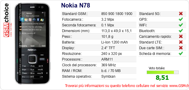Nokia N78 Dati tecnici di telefono cellulare 