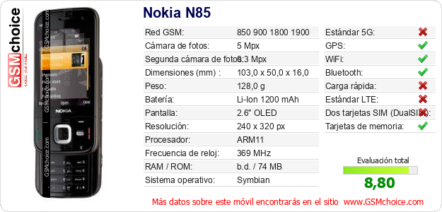 Nokia N85 Datos técnicos del móvil Nokia N85 Datos técnicos del móvil