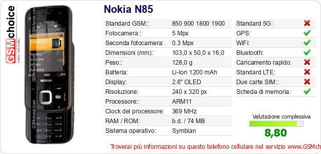 Nokia N85 Dati tecnici di telefono cellulare 