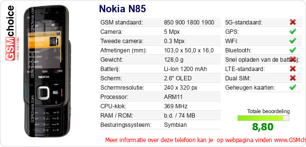 Nokia N85 Technische gegevens 