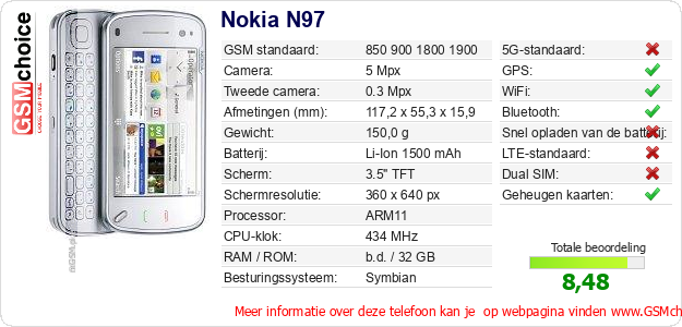 Nokia N97 Technische gegevens Nokia N97 Technische gegevens