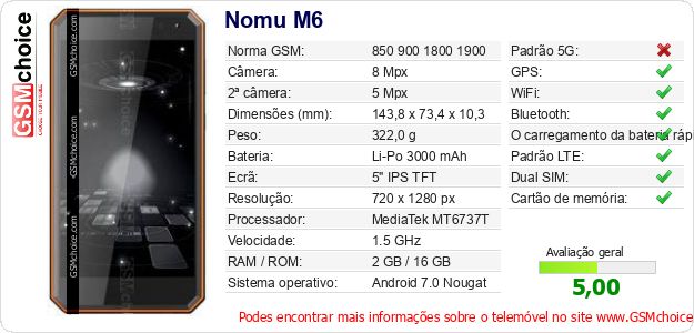 Nomu M6 Especificações técnicas do telemóvel Nomu M6 Especificações técnicas do telemóvel