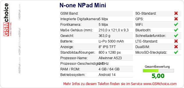 N-one NPad Mini technische Daten N-one NPad Mini technische Daten