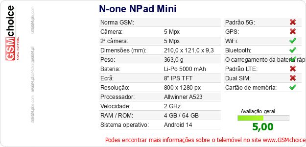 N-one NPad Mini Especificações técnicas do telemóvel N-one NPad Mini Especificações técnicas do telemóvel