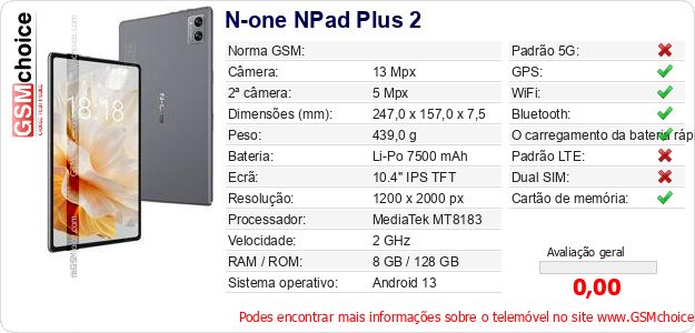 N-one NPad Plus 2 Especificações técnicas do telemóvel N-one NPad Plus 2 Especificações técnicas do telemóvel