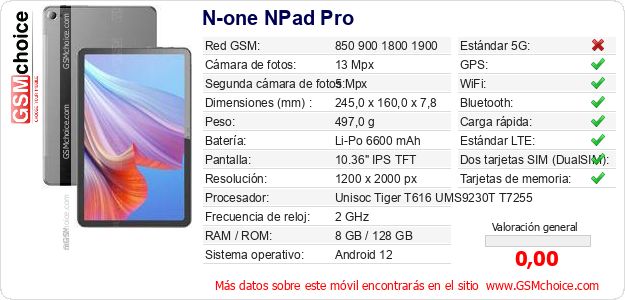N-one NPad Pro Datos técnicos del móvil 