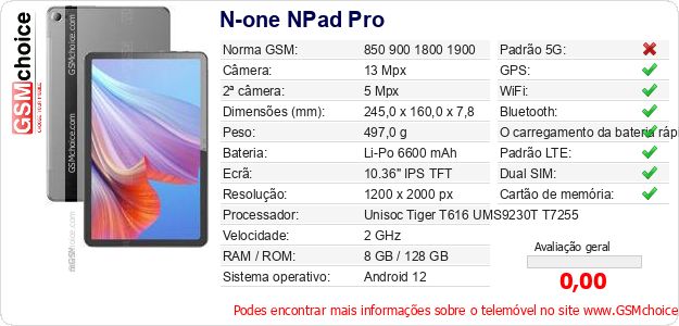 N-one NPad Pro Especificações técnicas do telemóvel 
