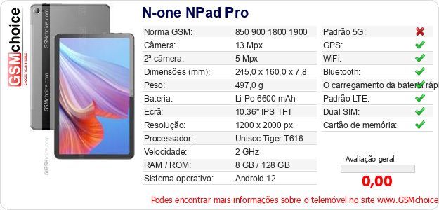 N-one NPad Pro Especificações técnicas do telemóvel 