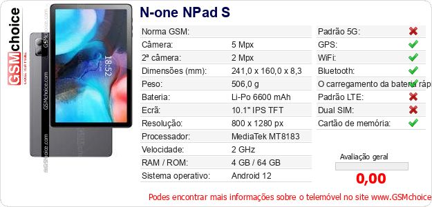 N-one NPad S Especificações técnicas do telemóvel N-one NPad S Especificações técnicas do telemóvel