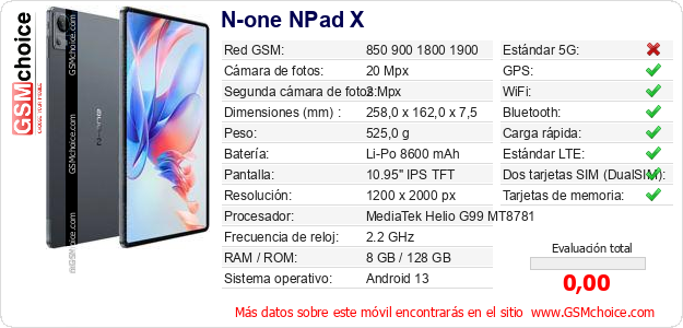 N-one NPad X Datos técnicos del móvil 